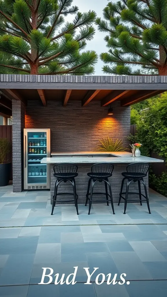 25 Stunning Outdoor Kitchen Patio Ideas You’ll Love 11 Stylish outdoor bar area with built-in refrigerator and seating.