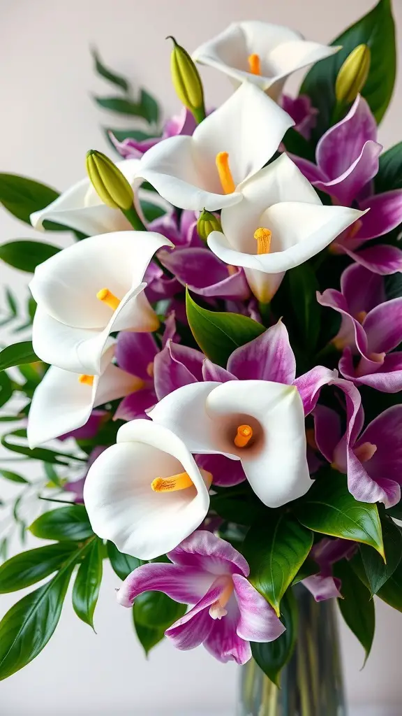 21 Stunning Flower Bouquet Ideas for Every Occasion 2 Bouquet featuring white calla lilies and purple orchids with green leaves