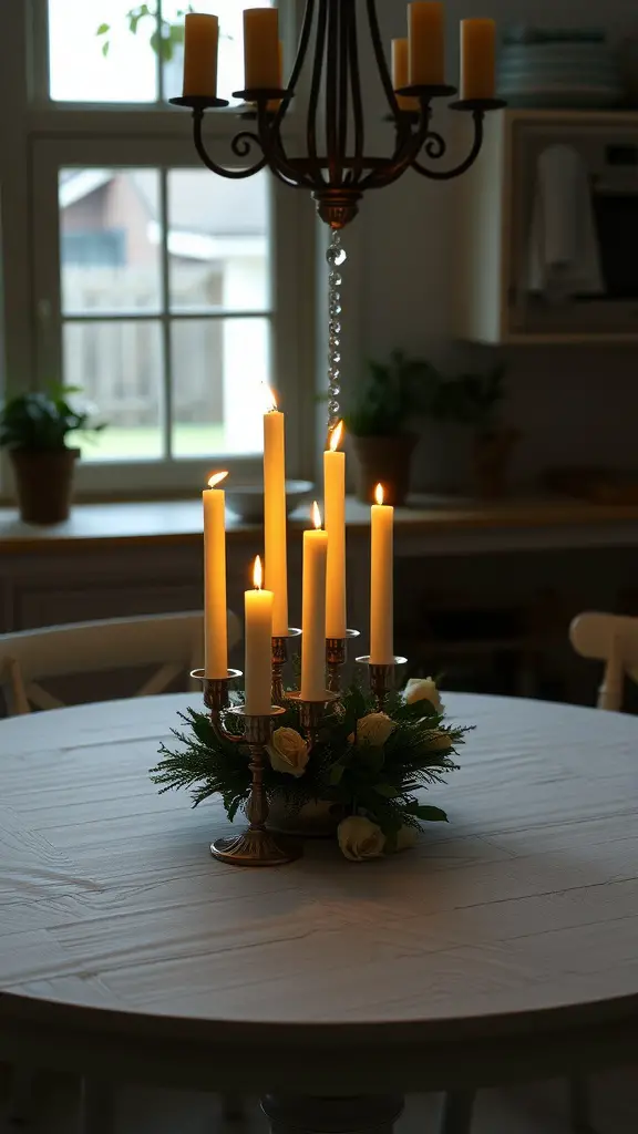 15 Stunning Round Kitchen Table Decor Ideas to Transform Your Space 2 A round kitchen table decorated with a candle display and roses.