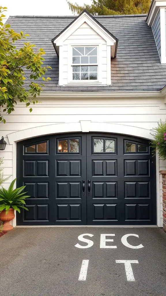 Black carriage house garage doors with a modern design, surrounded by greenery and a light-colored house.