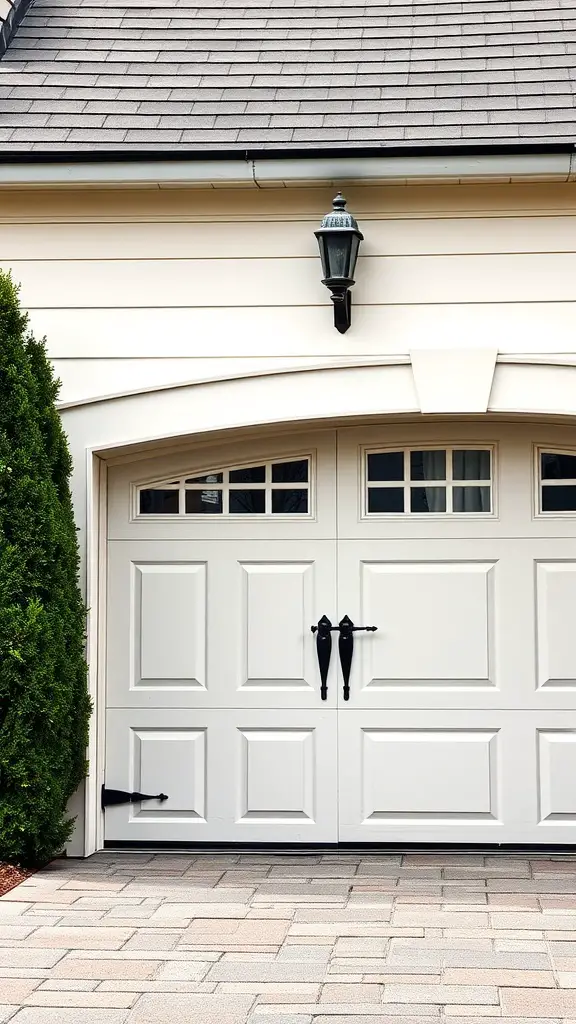 25 Creative Garage Door Ideas for a Stunning Home Entrance 11 A white carriage house garage door with decorative black hardware, flanked by greenery and a light fixture above.