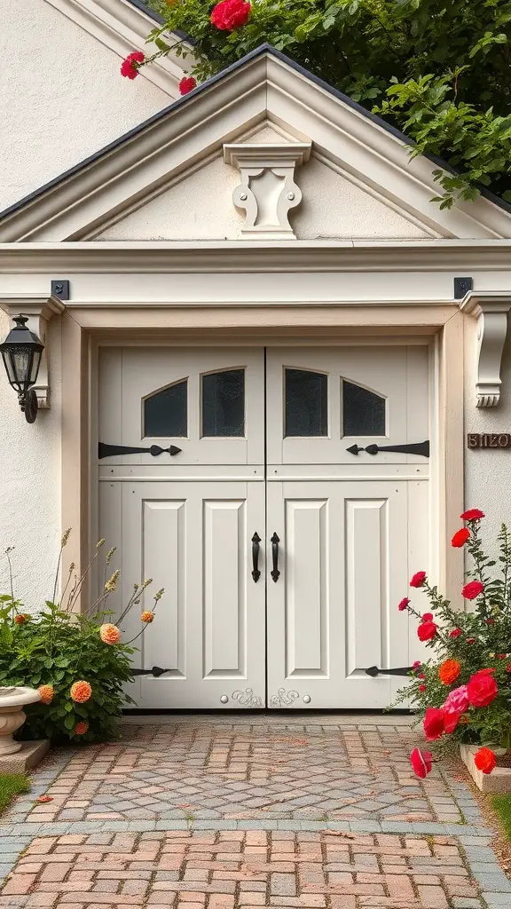 Carriage style garage doors with decorative hardware and arched windows, surrounded by flowers and a brick pathway