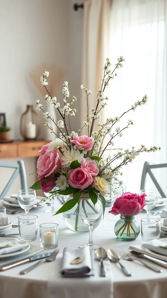 A beautifully arranged table centerpiece with pink flowers and decorative branches in glass vases.