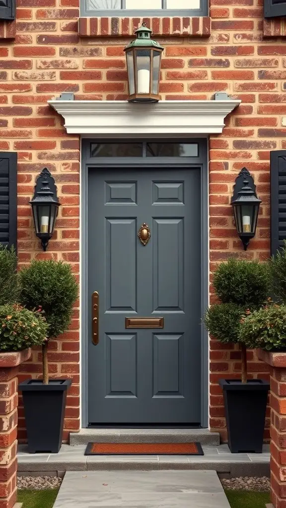 A charcoal gray exterior door with brass hardware set against a red brick wall, flanked by lanterns and potted plants.