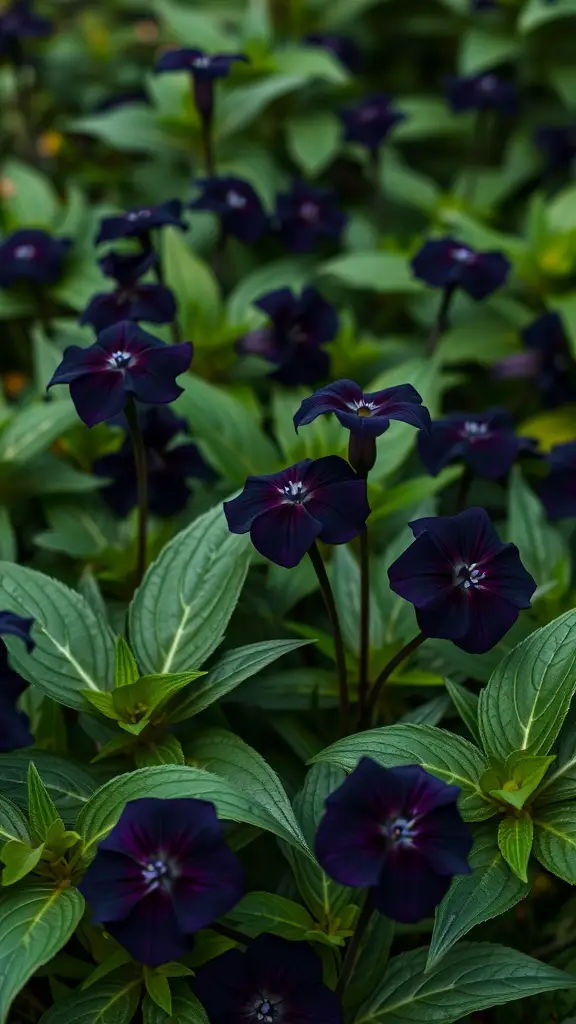 A close-up of dark purple flowers with green leaves in a garden.