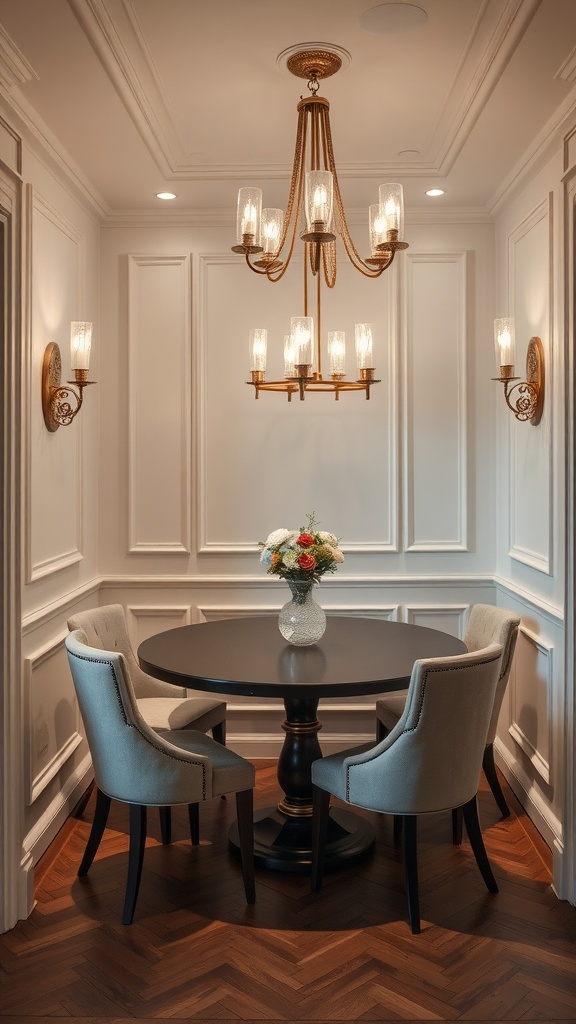 17 Cozy Dining Nook Ideas for Your Home 5 A stylish dining nook featuring a round table, four upholstered chairs, elegant wall decor, and a chandelier.