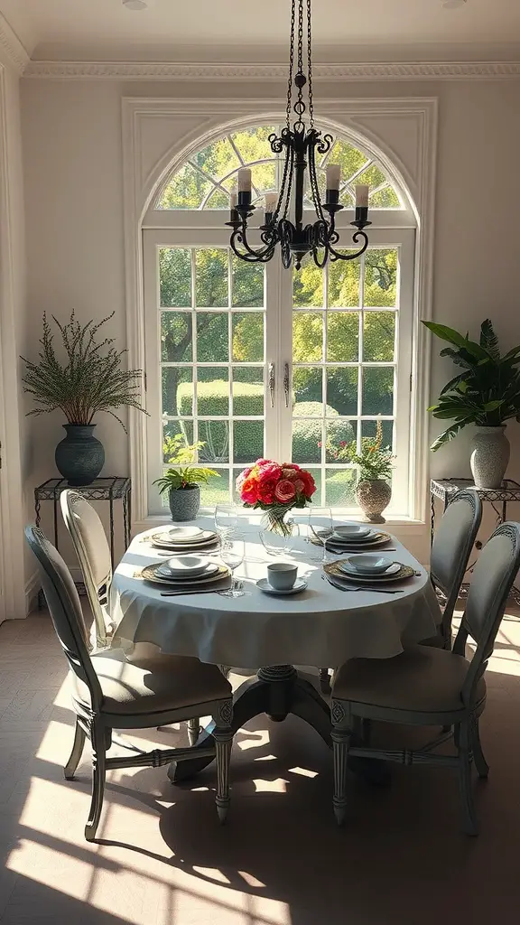 A sunlit dining area featuring a round table with elegant chairs, a chandelier above, and large windows providing a view of greenery outside.