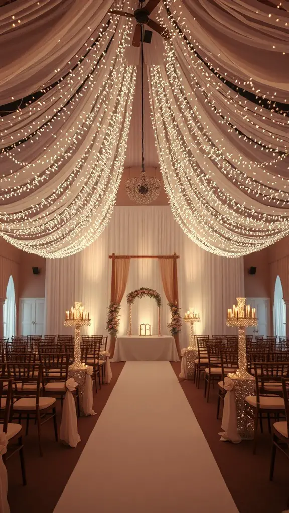 21 Stunning Indoor Wedding Ideas You've Got to See 4 Indoor wedding setting with drapery and fairy lights creating an elegant atmosphere