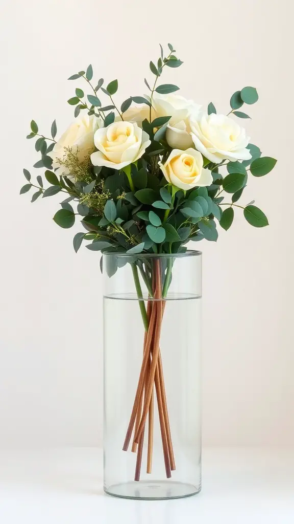 25 Stunning Eucalyptus Centerpiece Ideas for Every Occasion 9 Bouquet of white roses and eucalyptus in a clear vase