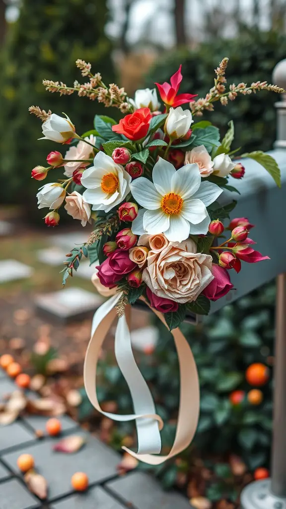 A beautiful bouquet of flowers including roses and daisies, elegantly arranged and hanging from a mailbox.