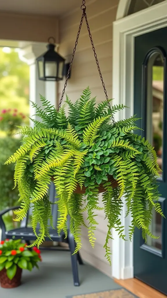 A vibrant fern hanging basket on a porch, adding greenery and elegance to the space.