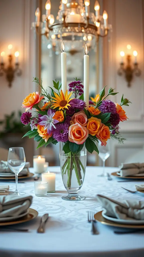 29 Stunning Dining Table Centerpieces for Every Occasion 8 A beautiful floral arrangement with candles on a dining table, featuring vibrant flowers and elegant table settings.