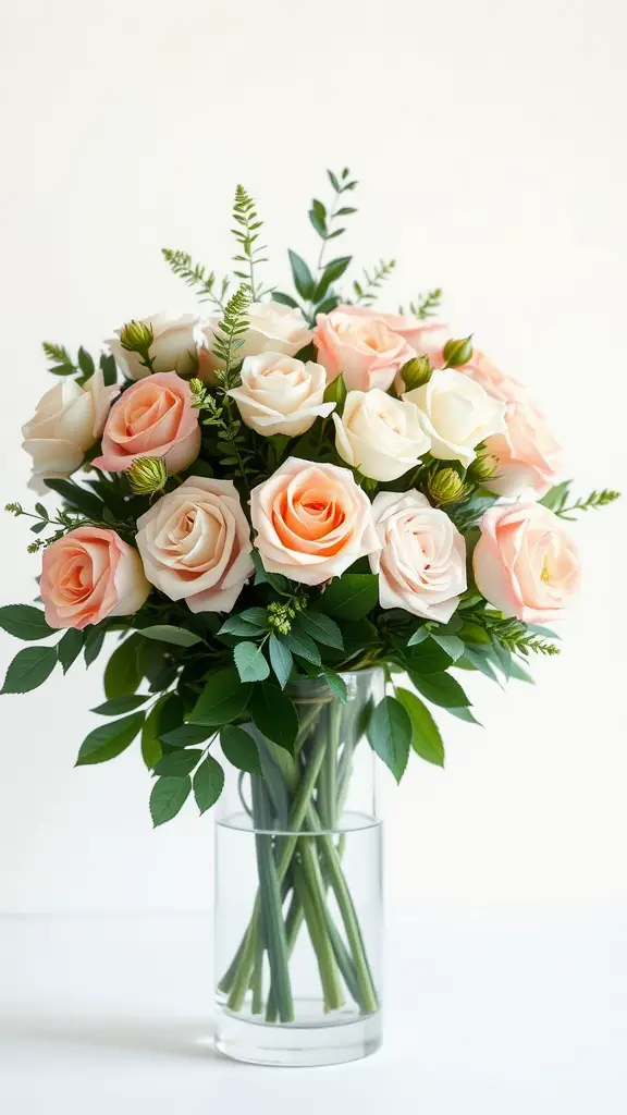 27 Stunning Wedding Round Table Centerpieces You Need to See 4 A floral arrangement featuring pink and white roses in a clear glass vase with greenery.