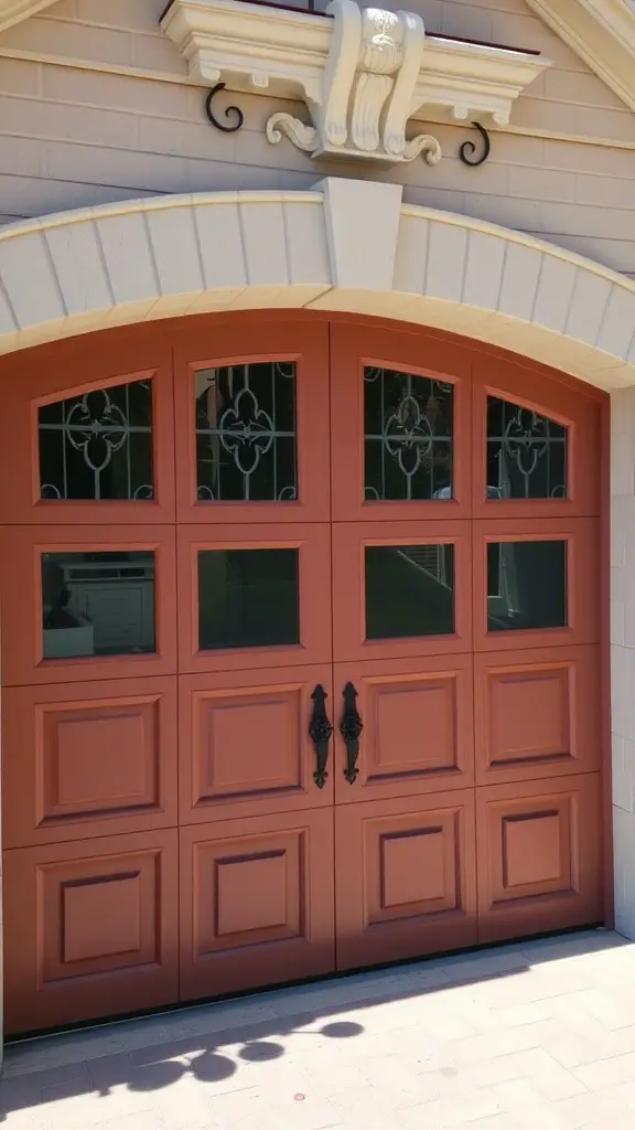 Garage door with elegant French door style featuring warm color and decorative glass.