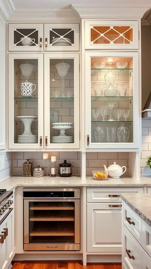 Glass-front kitchen cabinets displaying various glassware and decorative items.