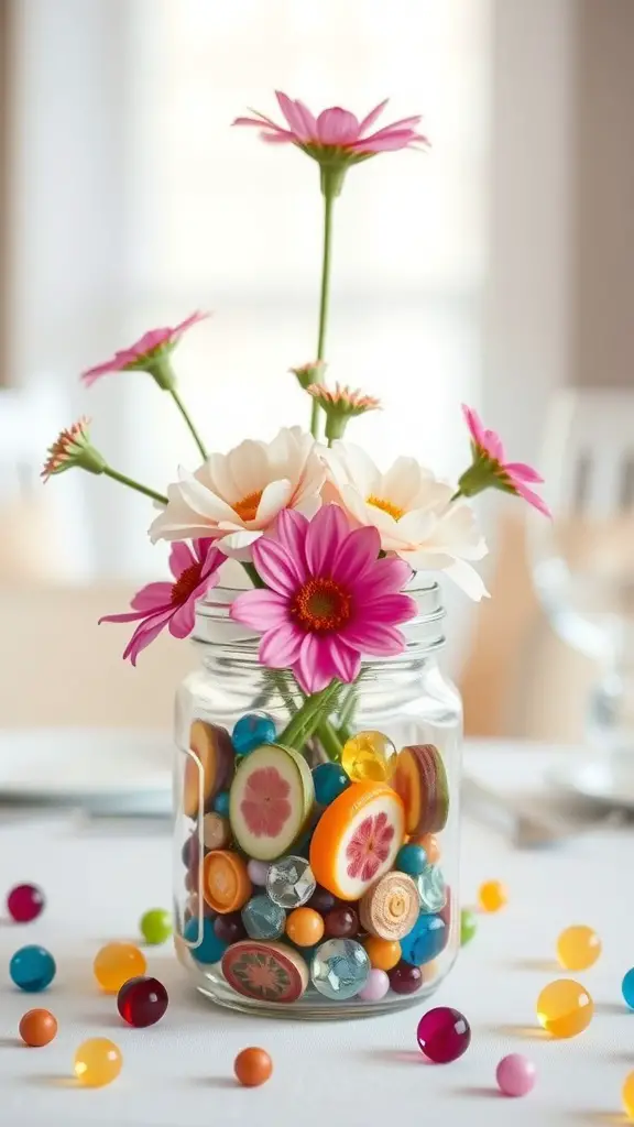 A mason jar centerpiece filled with colorful glass beads and candies, topped with pink and white flowers.
