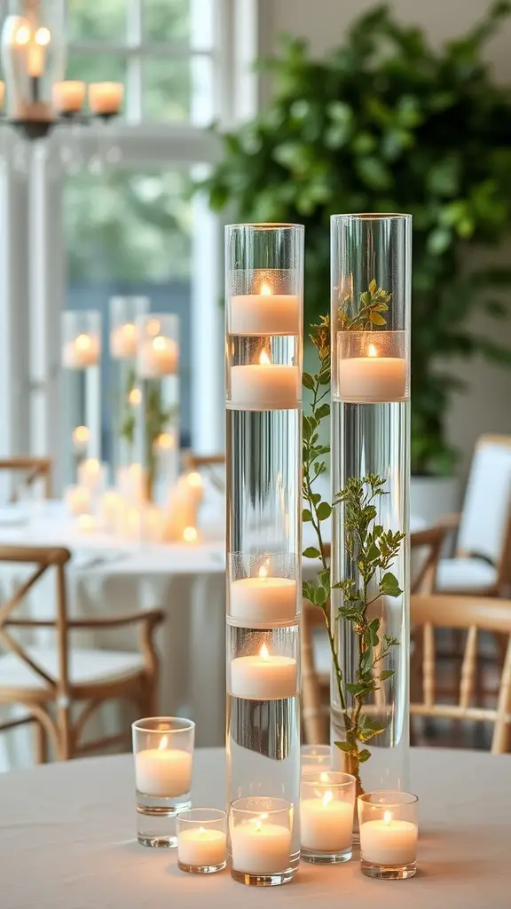 Floating candle arrangements in elegant glass cylinders with greenery