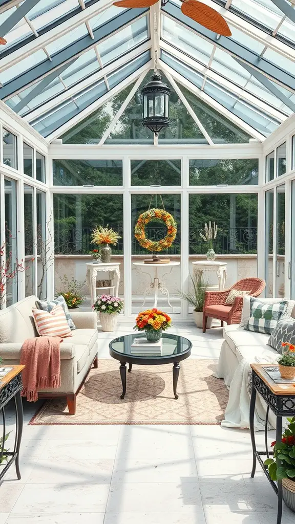 A bright and inviting glass-enclosed sunroom with comfortable seating and seasonal decorations.