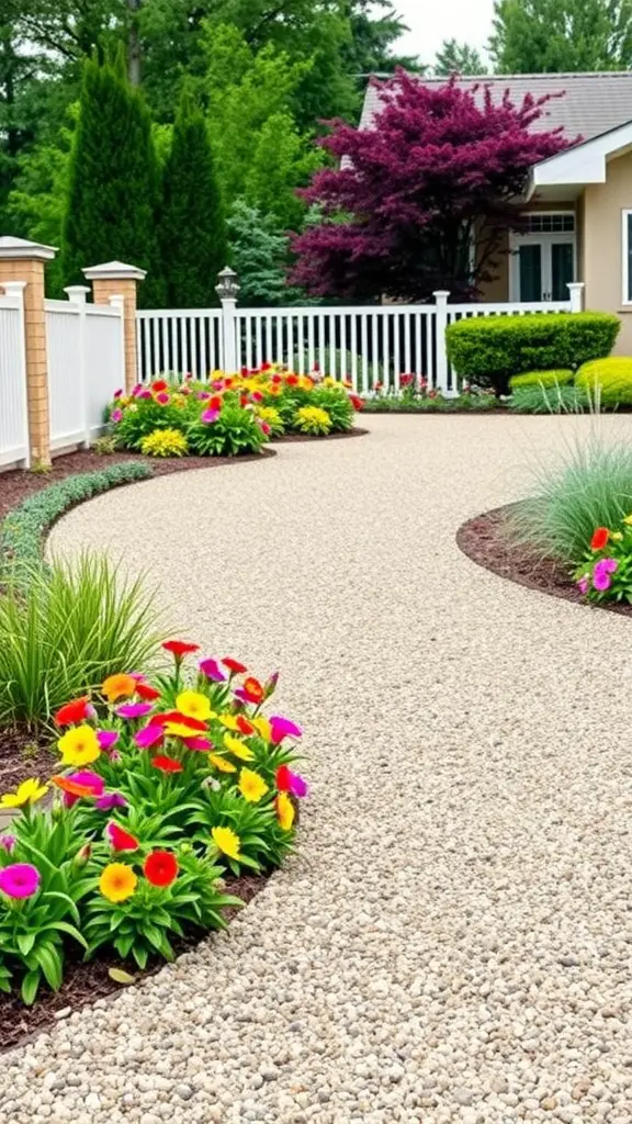 21 Stunning Long Driveway Landscaping Ideas You’ll Love 10 A beautifully landscaped gravel driveway bordered by colorful flowers and lush greenery.