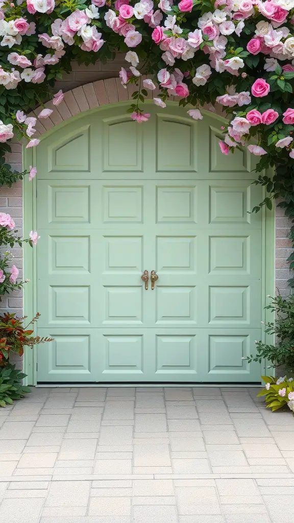 A mint green garage door framed by pink and white flowers, creating a garden effect.