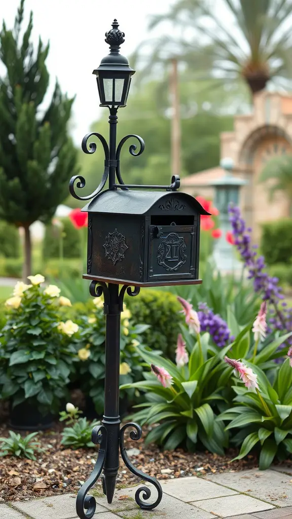 An elegant black iron mailbox stand with a lamp on top, surrounded by colorful flowers and greenery.