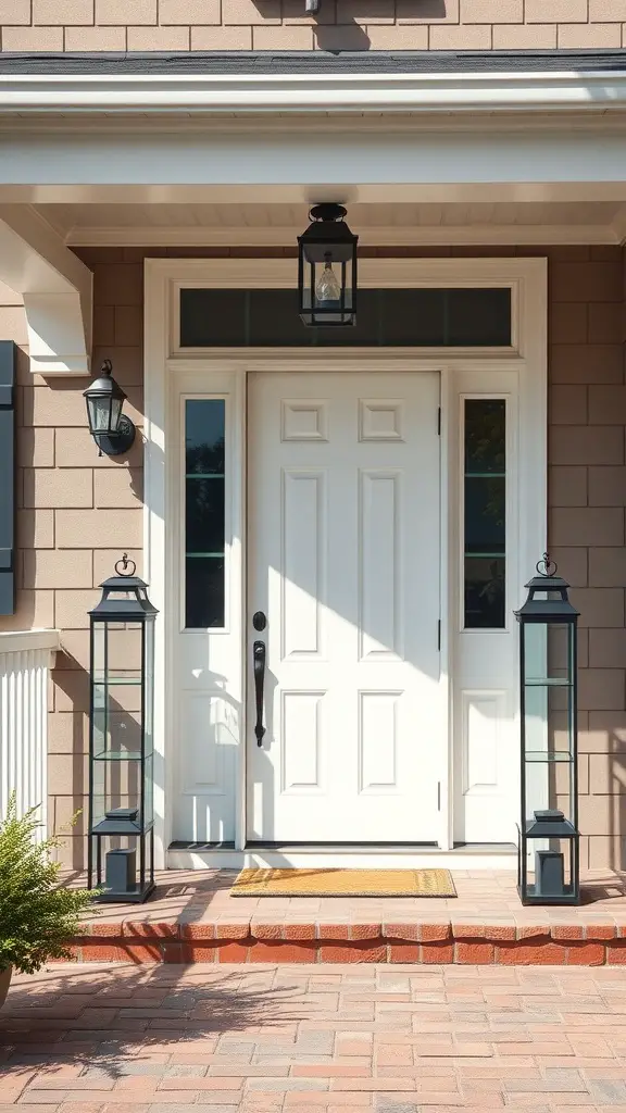 Elegant lanterns on either side of a white front door.
