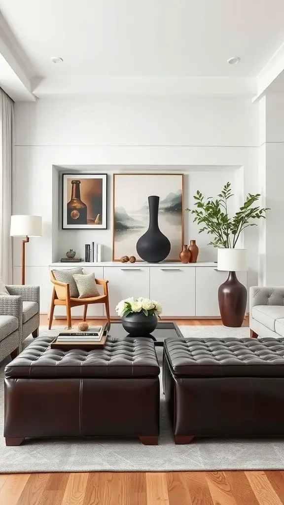 A modern living room featuring elegant leather ottomans, a vase, framed art, and plants.