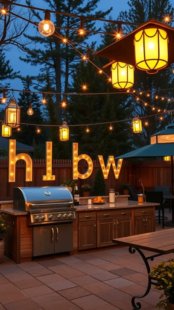 19 Stunning Covered Outdoor Kitchen Design Ideas You’ll Love 17 Outdoor kitchen with string lights and lanterns providing warm lighting during evening.