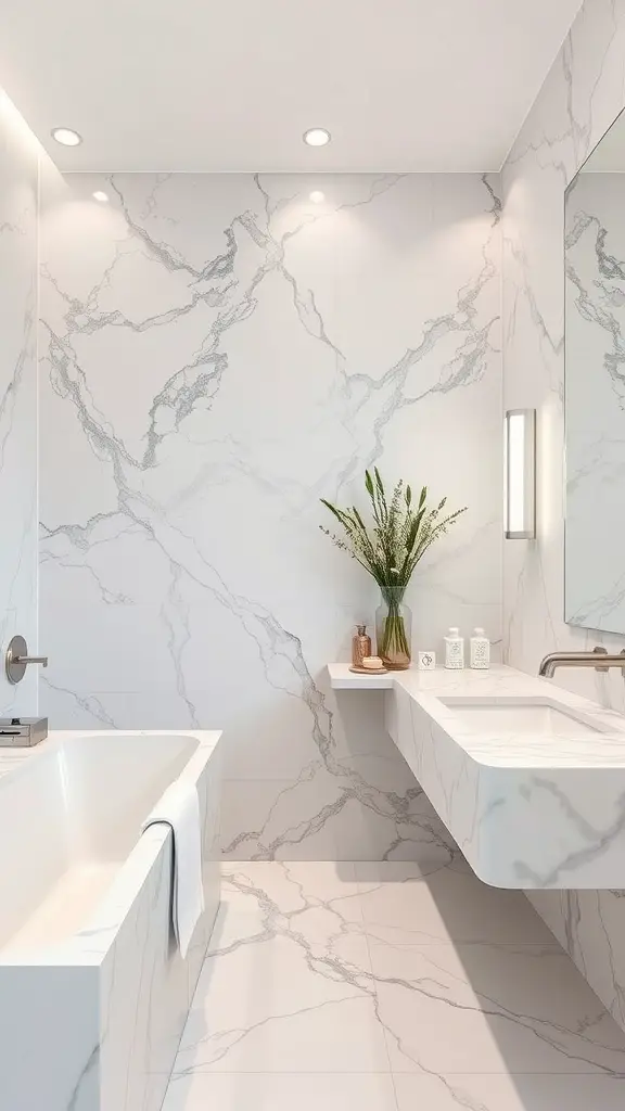 Modern bathroom with elegant marble finishes on walls, floor, sink, and bathtub