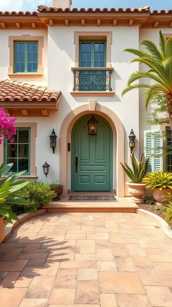 15 Stunning Sage Green Exterior Doors to Inspire Your Home Makeover 9 Mediterranean villa with a sage green door, terracotta roof, and lush plants