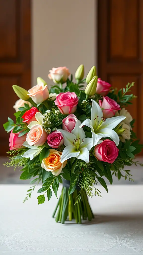 17 Stunning Flower Arrangement Ideas You’ll Love 6 A mixed bouquet featuring pink, peach, and white roses along with white lilies, arranged lushly with greenery.