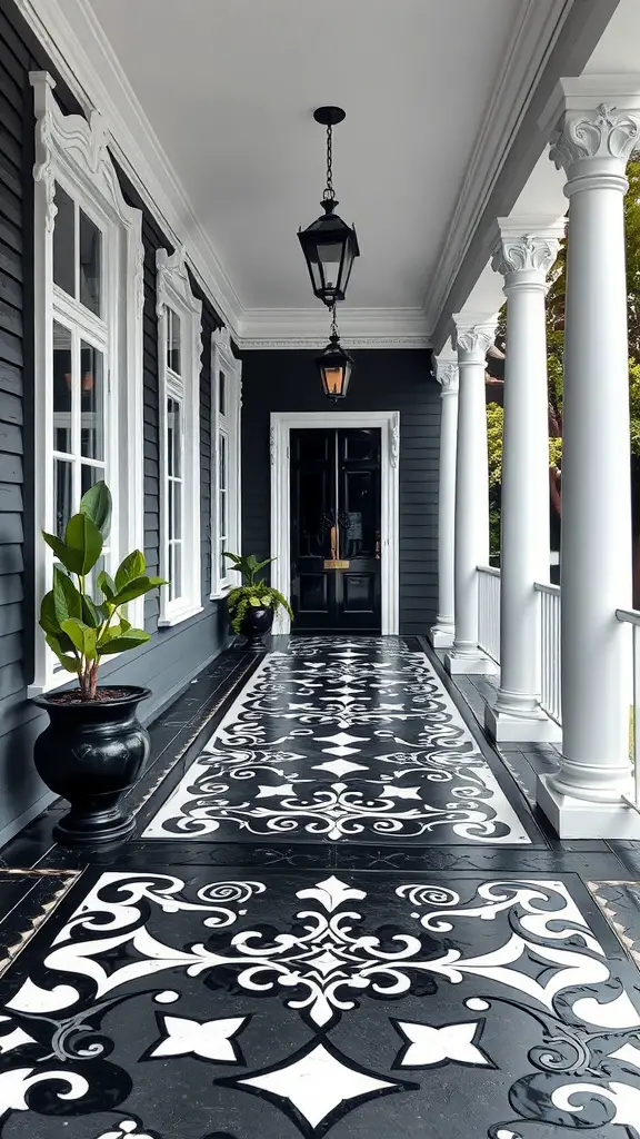 A monochrome concrete porch with intricate black and white designs, large white columns, and greenery in black pots.