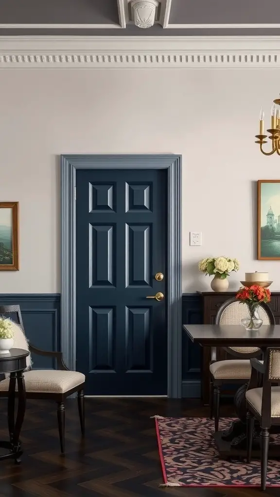 A navy blue door adding elegance to a room