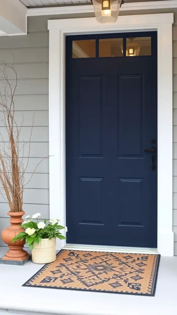 13 Stunning Front Door Color Ideas to Transform Your Home 5 A navy front door with windows above, surrounded by plants and a patterned welcome mat.