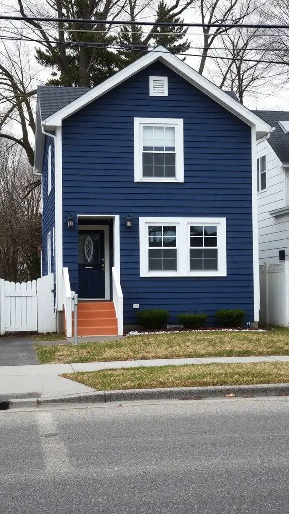 19 Beautiful Exterior House Colors to Transform Your Home 11 A charming house painted in navy blue with white trim and a welcoming front doorway.