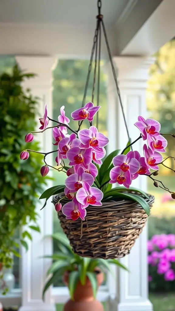 Hanging basket with pink orchids against a blurred green background.
