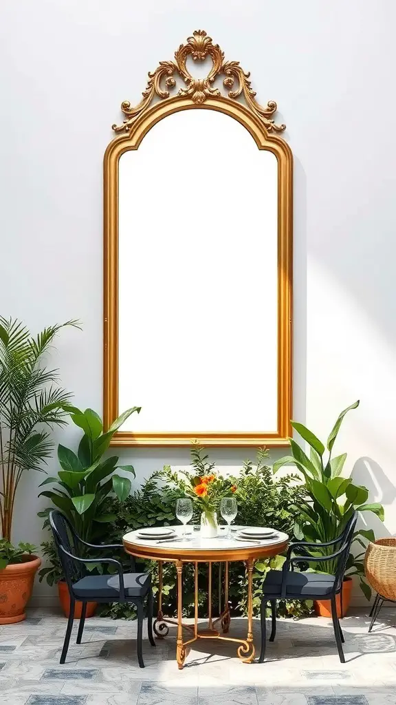 21 Stunning Garden Mirror Ideas to Transform Your Outdoor Space 10 Outdoor dining area featuring a large golden mirror, a round table with chairs, and lush green plants.