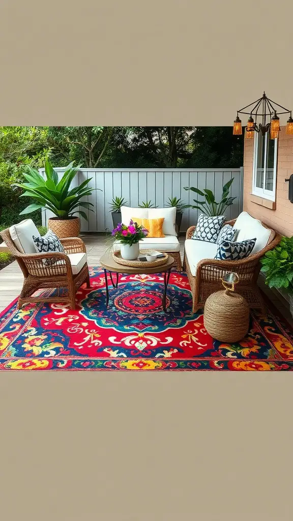 A cozy outdoor patio with a vibrant red and blue rug, comfortable seating, and potted plants.