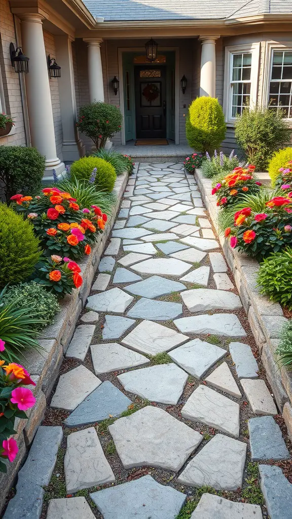 13 Simple Landscaping Ideas for Your Front Yard 15 A stone pathway lined with colorful flowers leading to a front door.