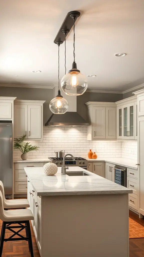 21 Stunning Luxury Kitchen Design Ideas for Your Dream Home 2 A modern kitchen featuring two glass pendant lights over a white island.
