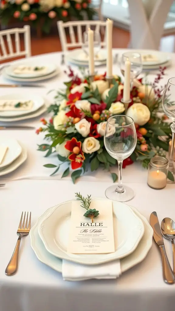 Elegant fall wedding place setting with floral centerpiece and candlelight