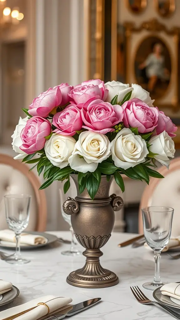 19 Stunning Wedding Floral Centerpieces to Inspire Your Big Day 2 A floral centerpiece with pink roses and white peonies in a metallic vase on a wedding table.