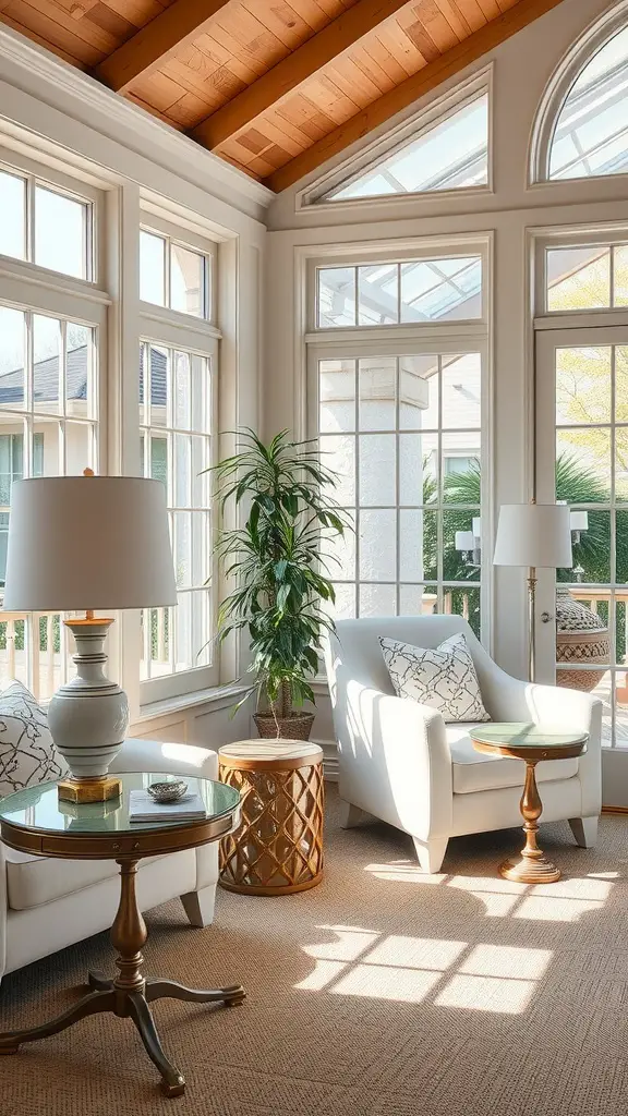 A sunroom featuring white armchairs, decorative side tables with lamps, and large windows allowing natural light.