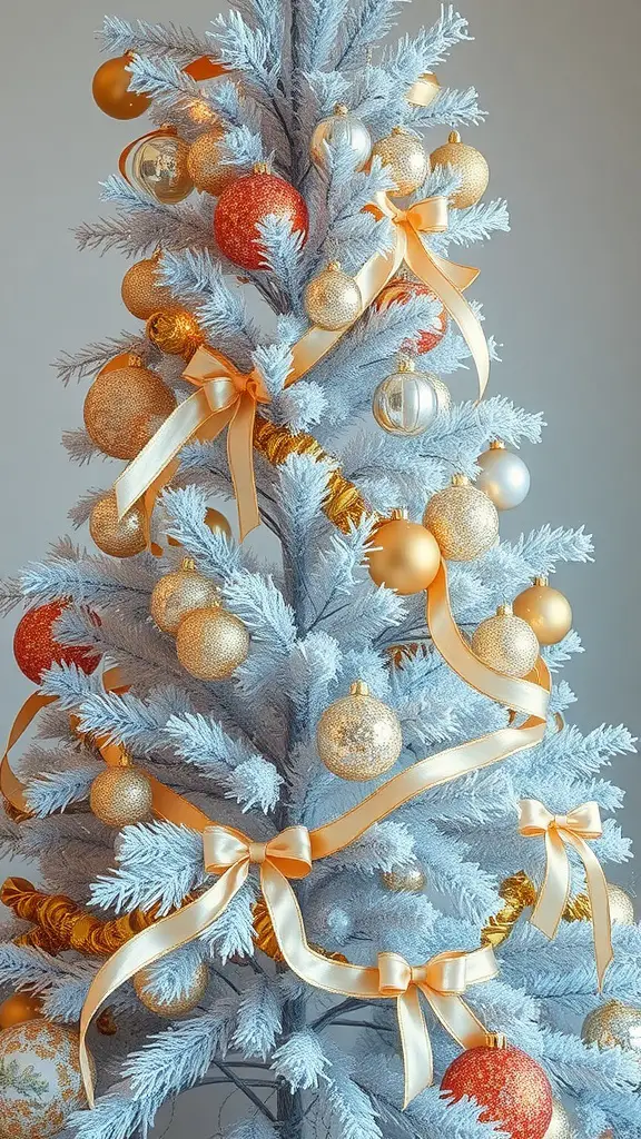 17 Creative Dollar Tree Christmas Tree Ideas on a Budget 7 A beautifully decorated Christmas tree with silver and gold ornaments, ribbons, and a few red accents.