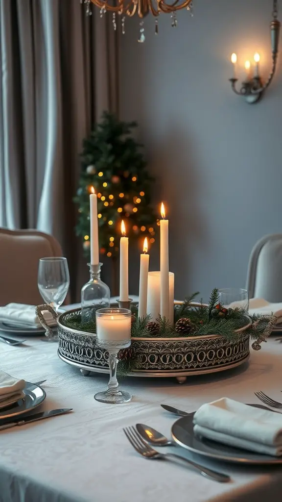 29 Stunning Dining Table Centerpieces for Every Occasion 12 A dining table with a silver tray centerpiece featuring candles and greenery.
