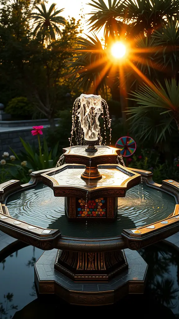 17 Creative DIY Solar Fountain Ideas for Your Garden 13 A solar fountain surrounded by palm trees and colorful flowers, with sunlight creating a glowing effect.