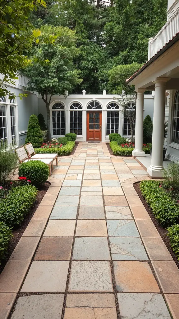 23 Charming French Patio Ideas to Transform Your Outdoor Space 8 A stone pathway leading to a door, surrounded by green bushes and flowers in a patio.