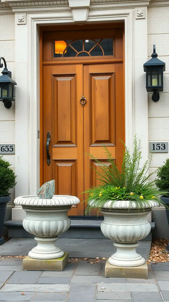 19 Stunning Front Door Planter Ideas to Elevate Your Entryway 10 Two elegant stone planters with greenery near a wooden front door