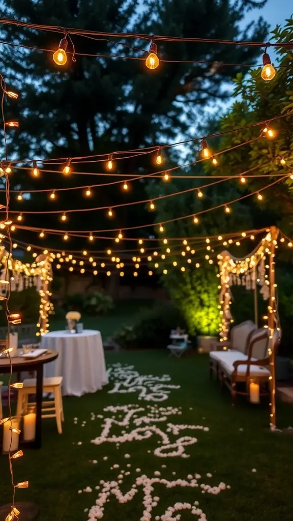 17 Stunning Backyard String Lights to Transform Your Outdoor Space 17 A beautifully decorated garden with string lights for a wedding, featuring a path of rose petals.