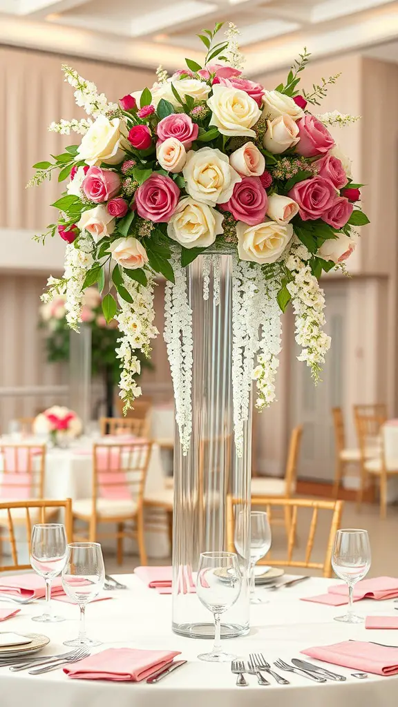 25 Stunning Wedding Table Centerpieces to Inspire Your Big Day 9 Tall glass vase centerpiece with pink and cream roses, set on a wedding table with pink napkins and elegant tableware.